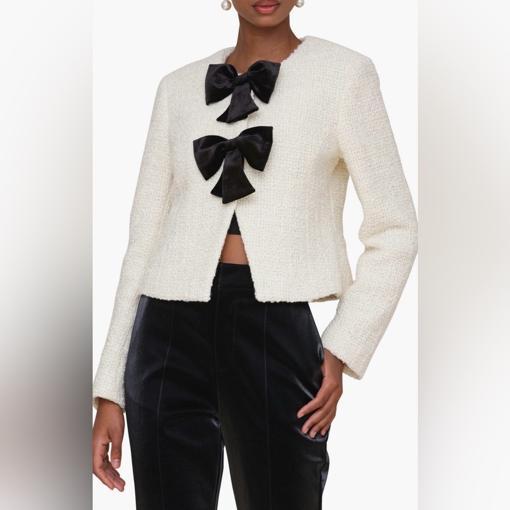 Avec Les Filles Cream Tweed Jacket Bow Detail Cropped Blazer | NWT Size XS - Picture 6 of 16